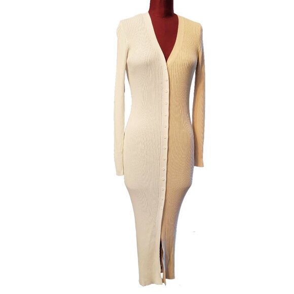 Staud Shoko Dress Beige Color Block Rib Sweater V Neck Button Front Midi Small - Picture 2 of 9
